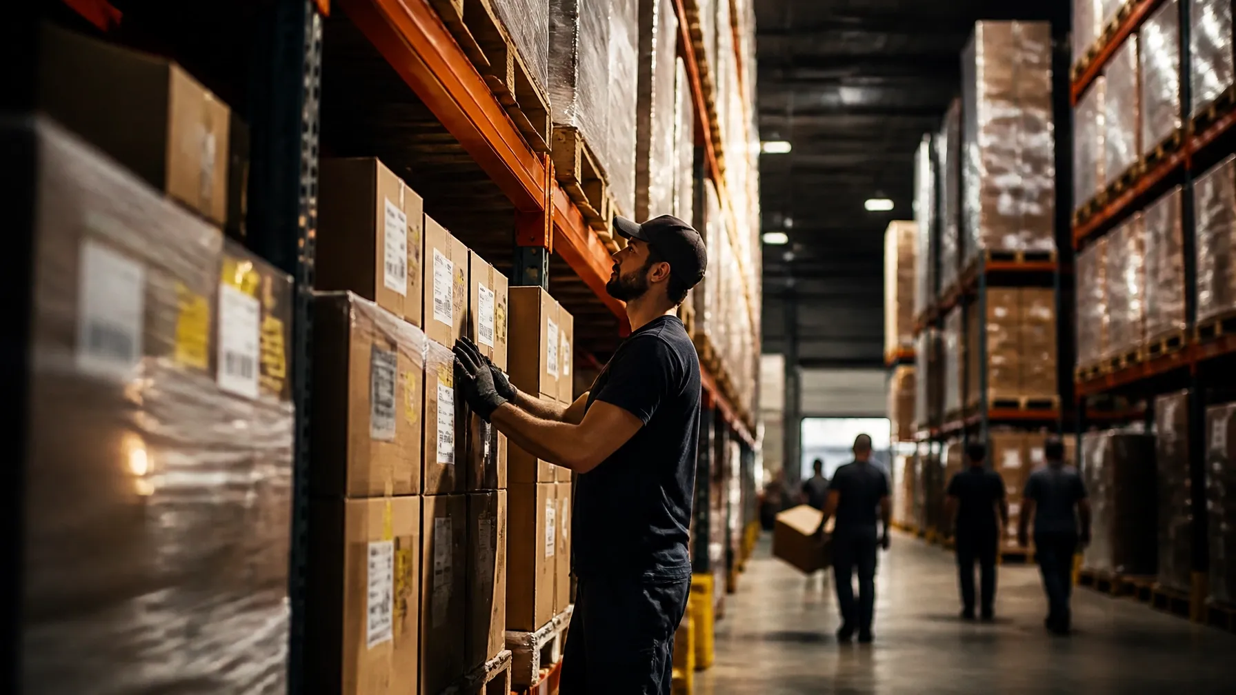 Inside a modern fulfillment warehouse with orange racking and shrink-wrapped pallets