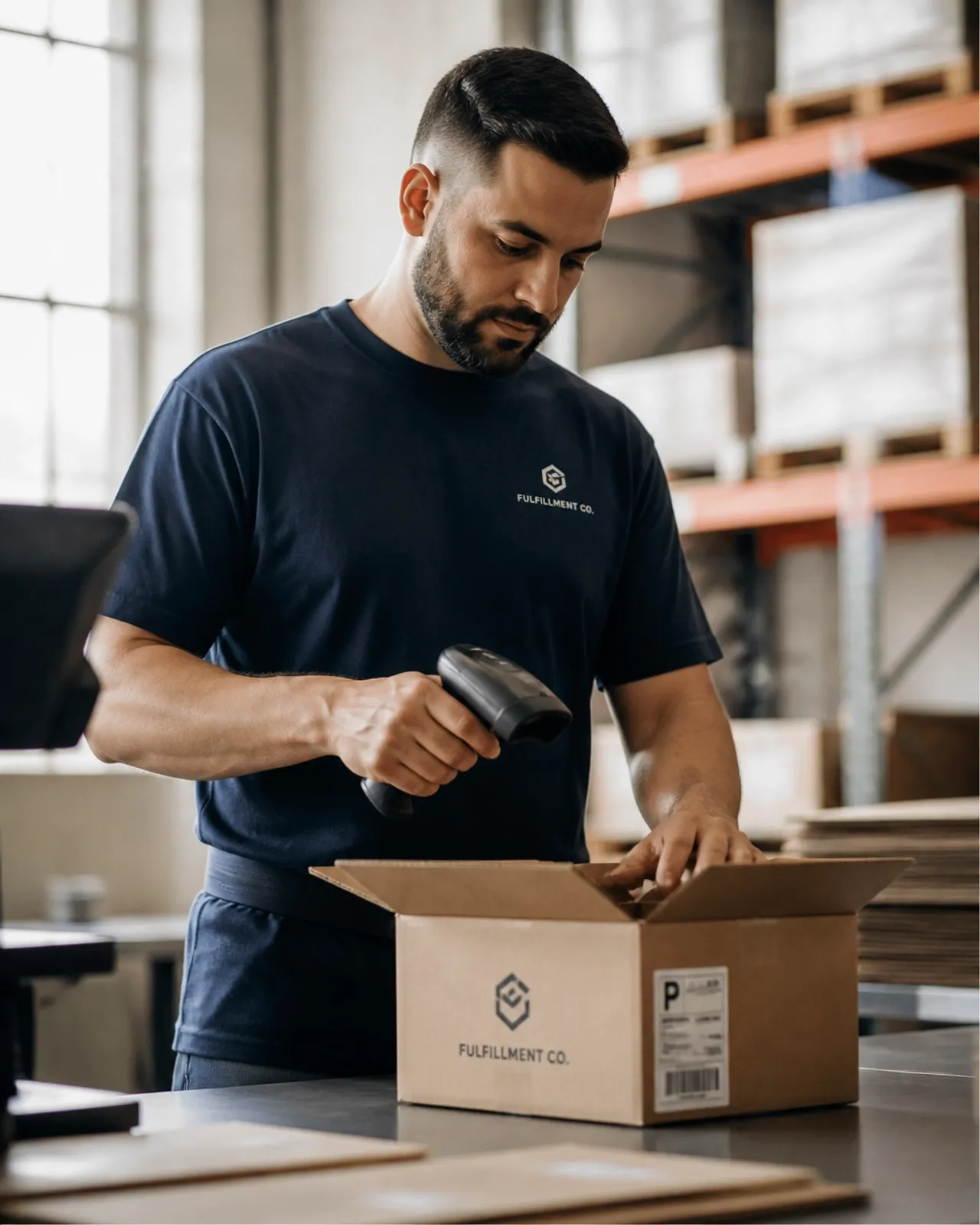 A CrownLink team member packing a shipment on a warehouse workbench